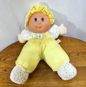 Vinyl Baby Doll Puffy Yellow Nylon Body Hearts Blue Eyes 13" VTG Condition Issue